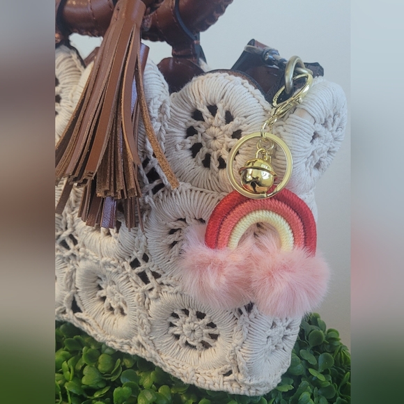 Colorful Rainbow Keychain with Pink Fur - Picture 2 of 5